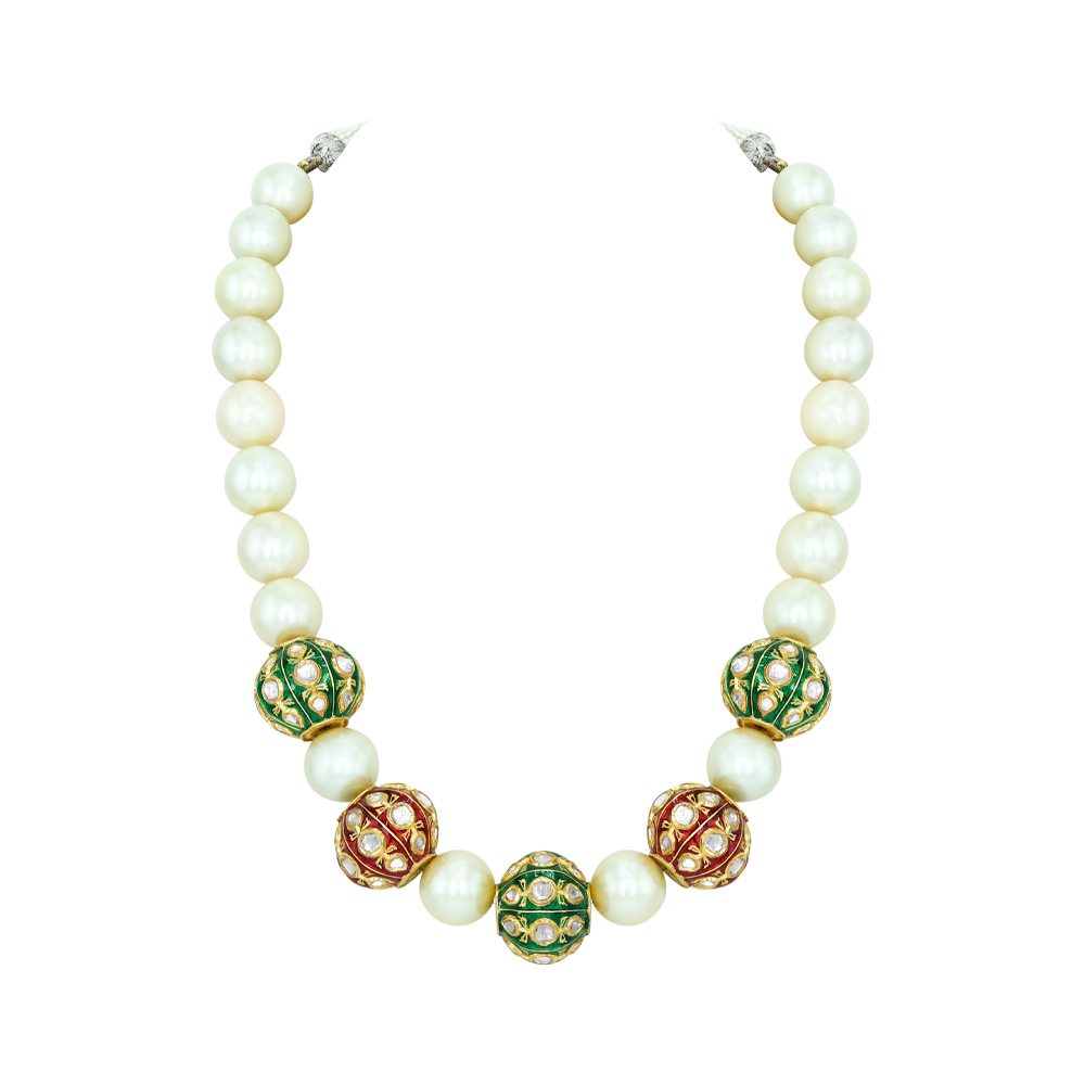 South Sea Pearl Necklace with Polki Red and Green Enamel Beads